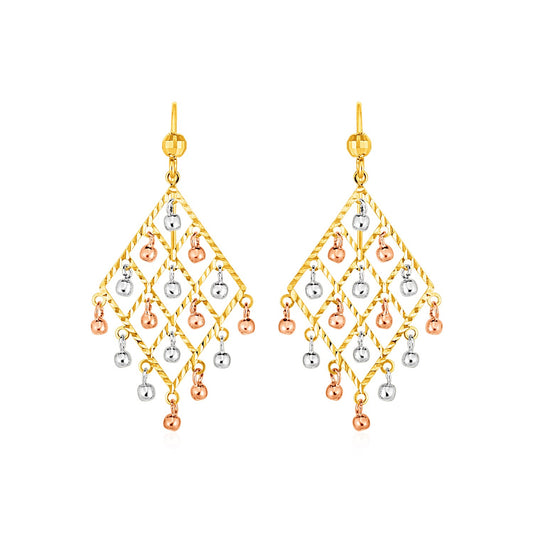 Textured Chandelier Earrings with Ball Drops in 14k Tri Color Gold