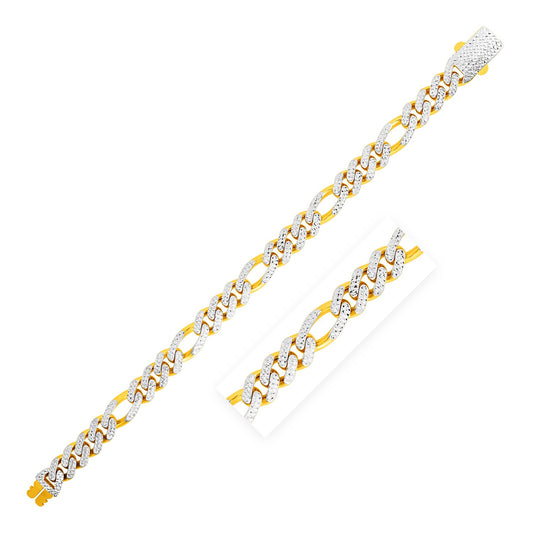 14k Yellow Gold White Pave High Polish Modern Lite Figaro Bracelet  (9.50 mm)