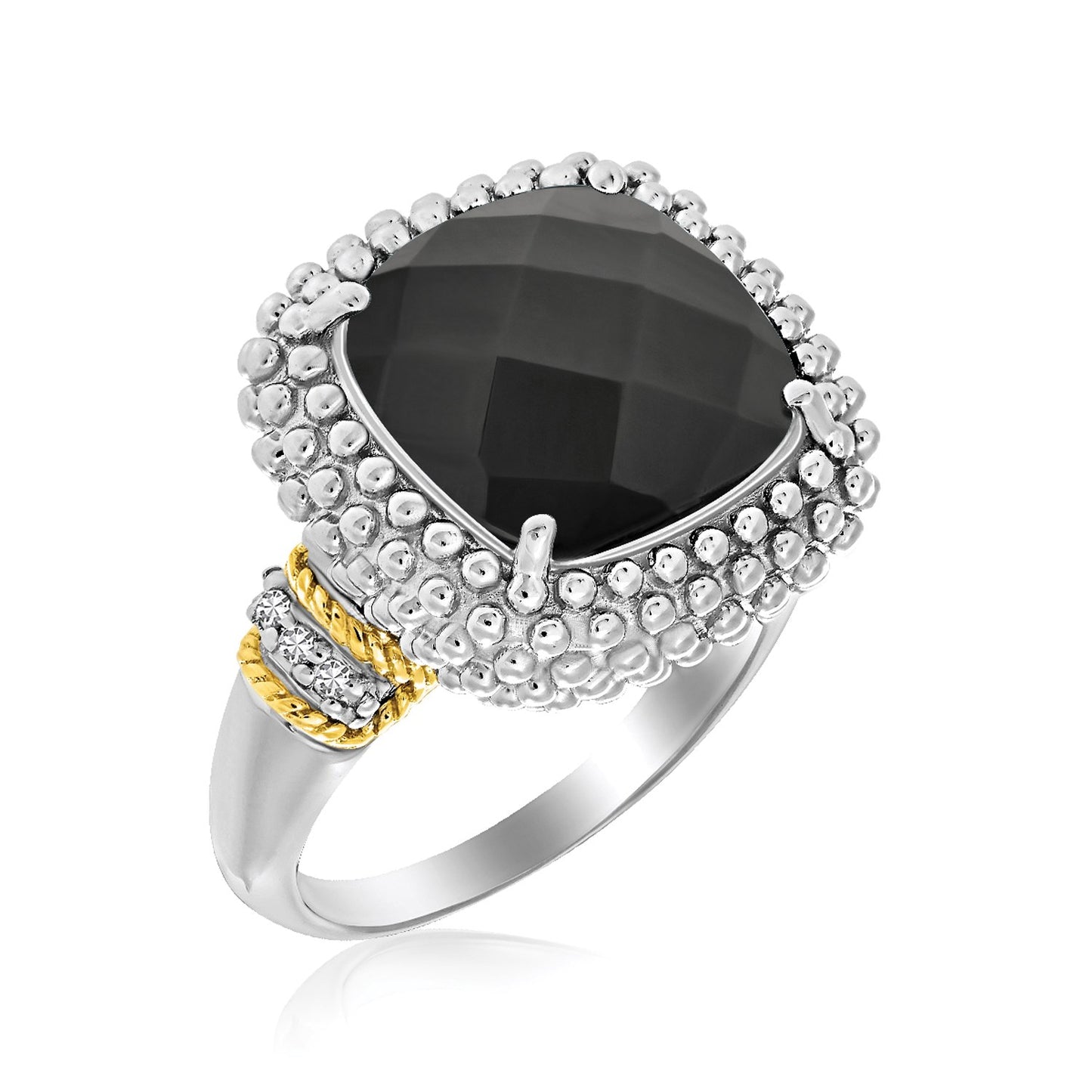 18k Yellow Gold & Sterling Silver Black Onyx and Diamond Popcorn Cushion Ring