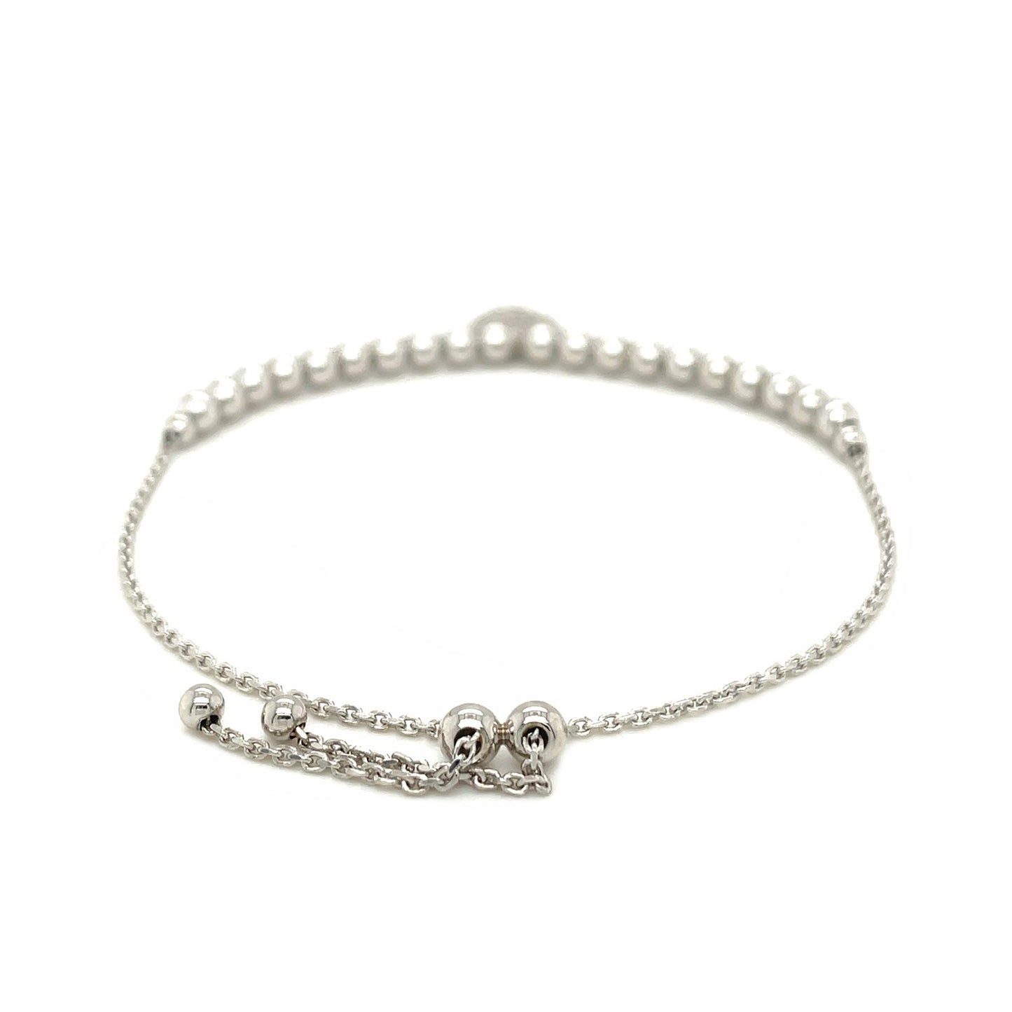 Adjustable Bead Bracelet with Round Charm and Cubic Zirconias in Sterling Silver