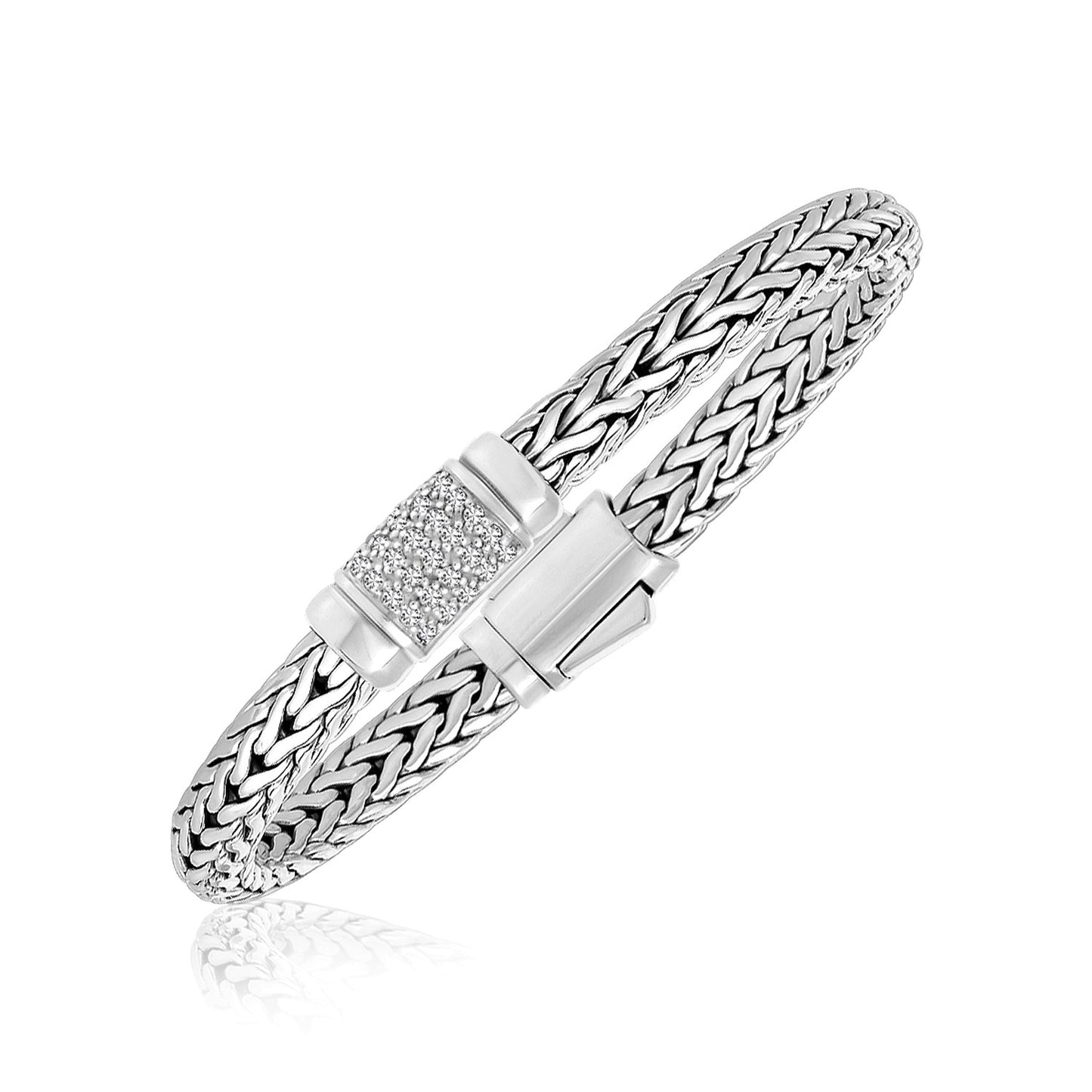 Sterling Silver Weave Motif Bracelet with White Sapphire Accents (6.35 mm)