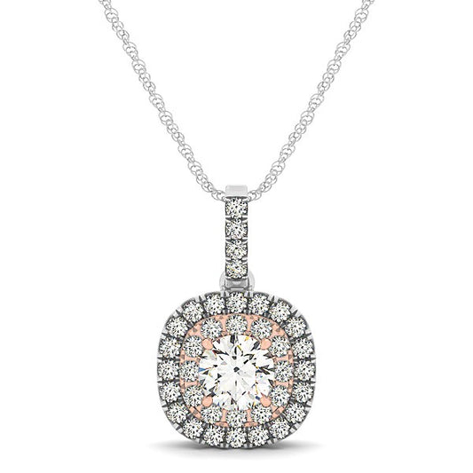 14k White And Rose Gold Cushion Shape Halo Diamond Pendant (1/2 cttw)